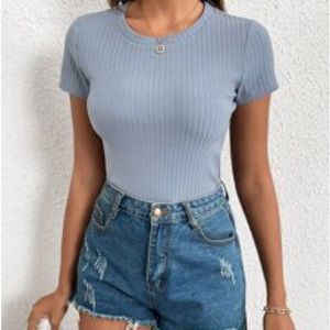 Shein Dusty Blue Solid Rib-knit Crew Neck Tee Size M
